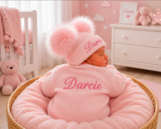 Personalised Baby  Pink Knitted Double Pink Fluffy Faux Fur Pom Hat