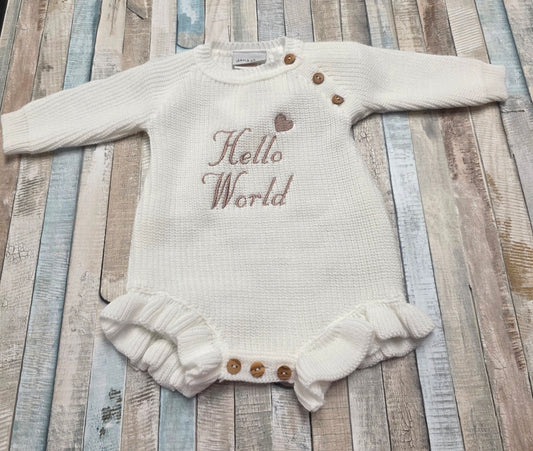 Baby Girls White Frilly Leg Beige Hello World Knitted Romper