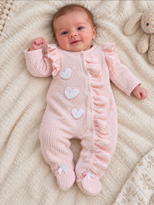 Baby Girls Pink Hearts Babygro With Frill