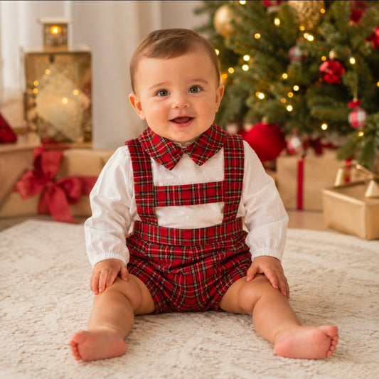 Baby Boys Red Tartan 2 Piece Dungaree Set