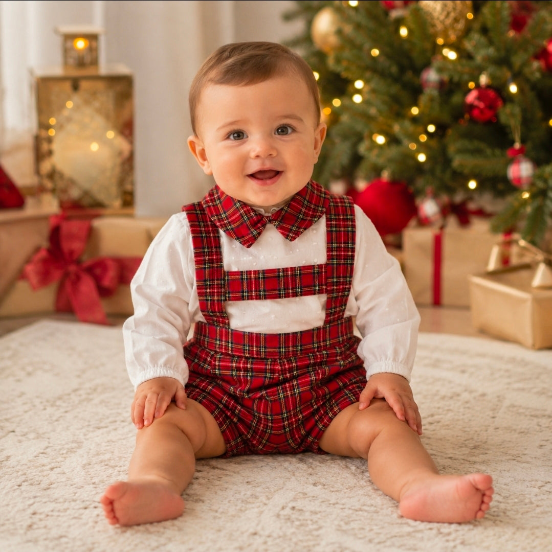 Baby Boys Red Tartan 2 Piece Dungaree Set