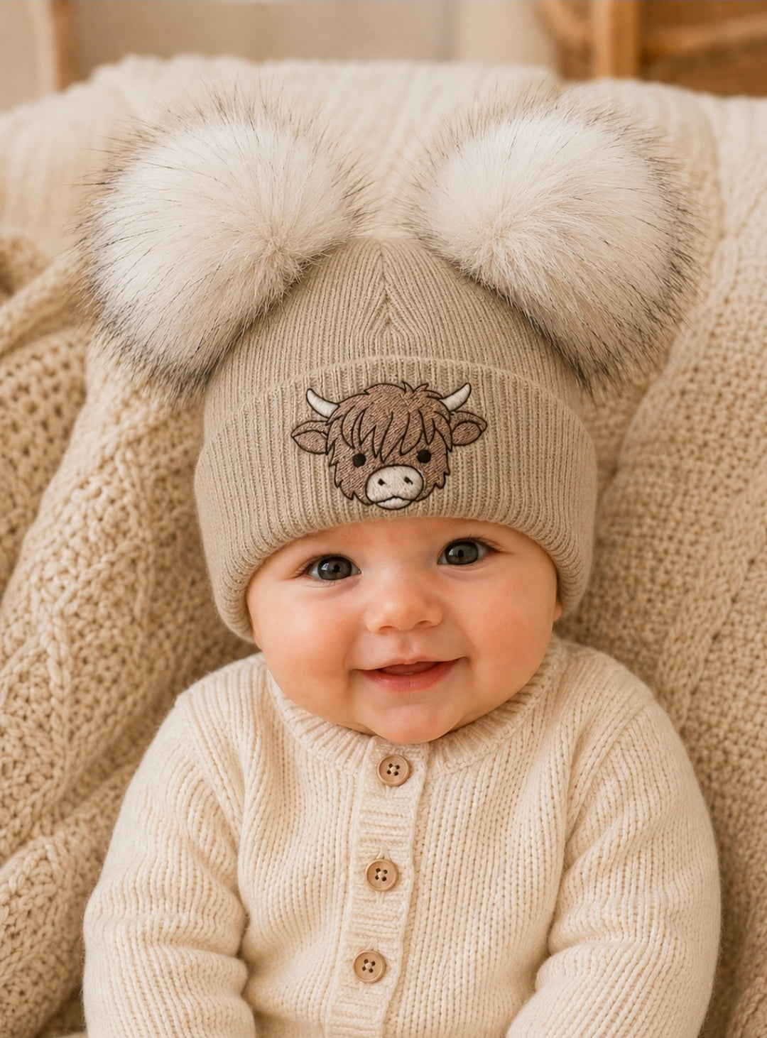Unisex Baby Beige Highland Cow Hat