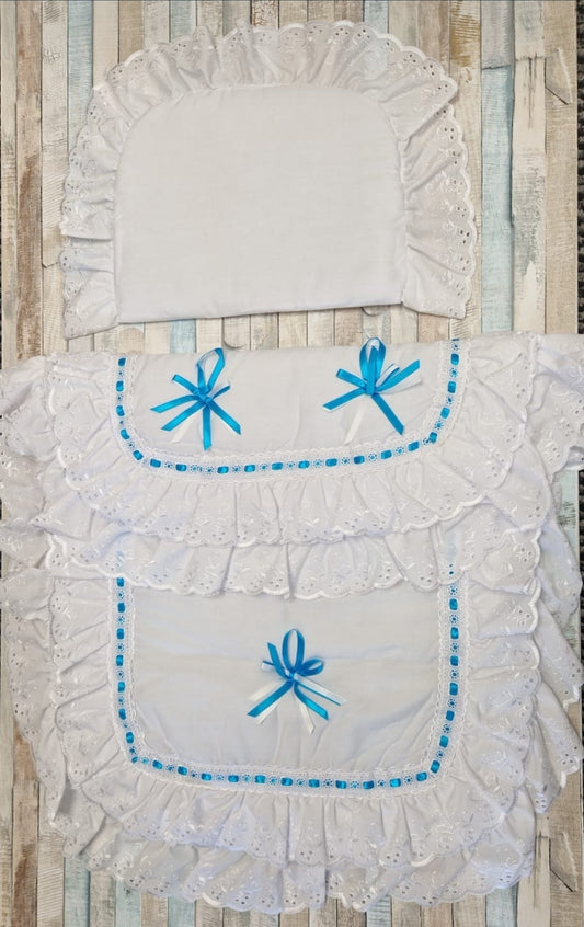 Nana's Special Buys White Broderie Anglaise Pram Set With White And Turquoise Ribbon Bows