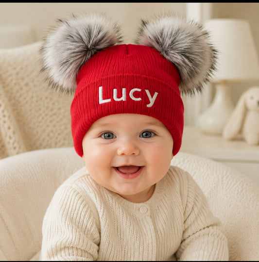 Personalised Baby Red Knitted Double Grey Fluffy Faux Fur Pom Hat