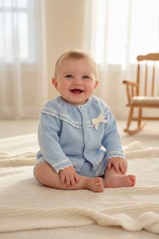 Baby Boys Blue And White Knitted Short Set