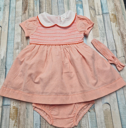 Baby Girls Peach And White Smocked Dress With Matching Pants And Headband