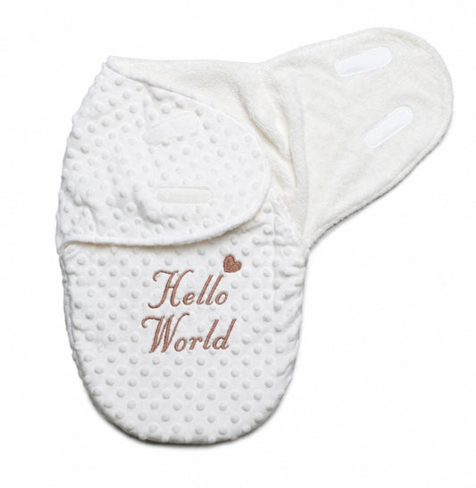 Hello World White Dimple Swaddle With Beige Embroidery