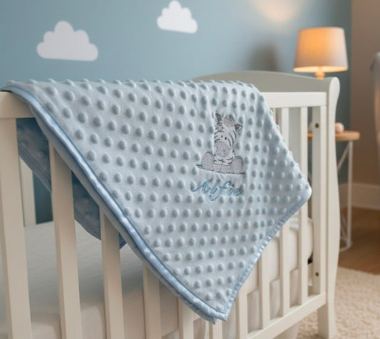 Baby Boys Personalised Blue Ziggy Zebra Dimple Wrap