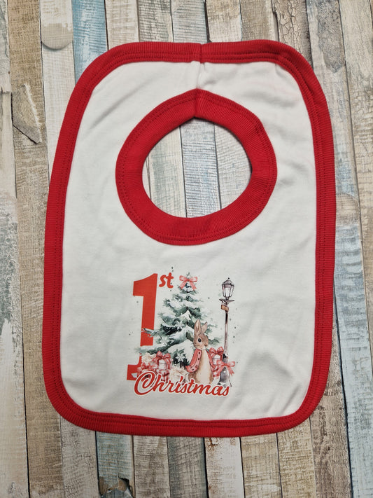 Unisex Red Rabbit 1st Christmas Bib With Red Trim
