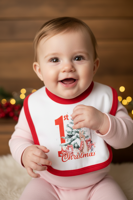 Unisex Red Rabbit 1st Christmas Bib With Red Trim
