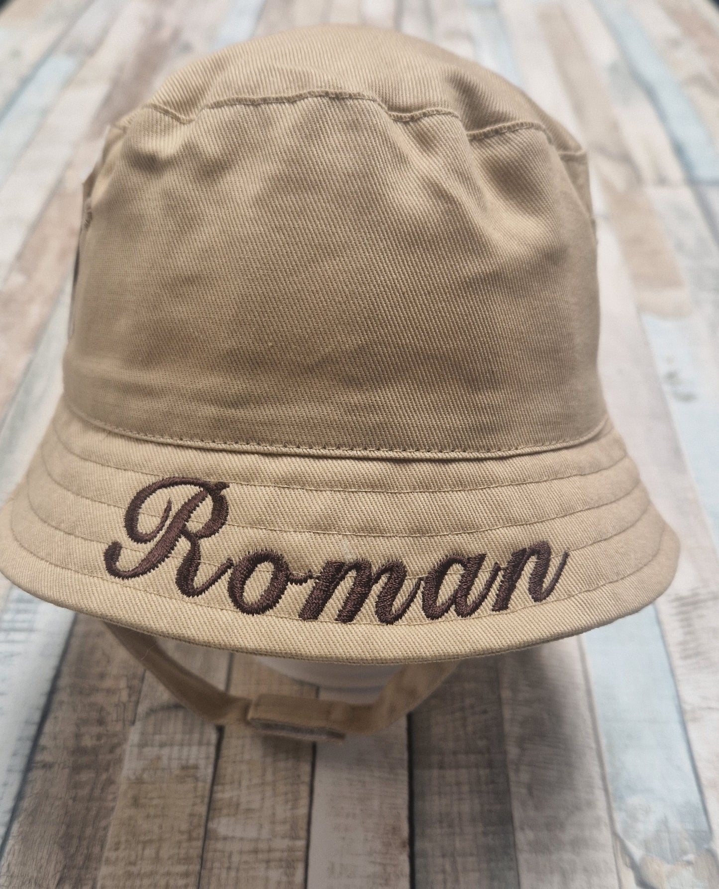 Personalised Boys Beige Bucket Hat With Chin Strap