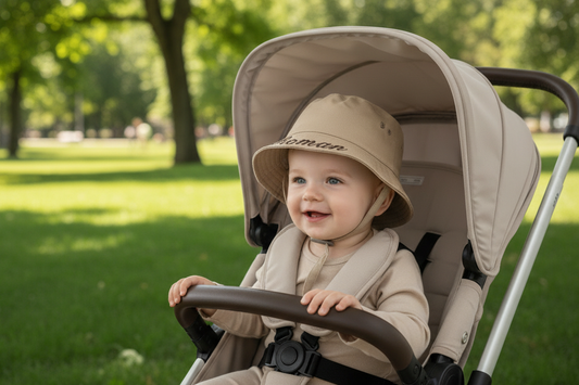 Personalised Boys Beige Bucket Hat With Chin Strap