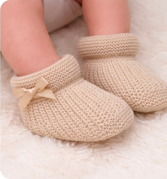 Baby Beige Newborn Knitted Booties With Satin Bow