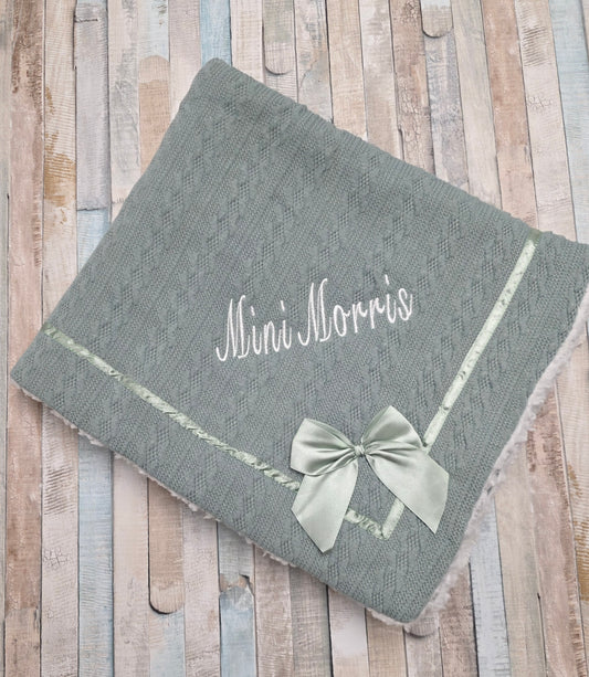 Unisex Baby Personalised Sage Green Cable Design Wrap With Bow