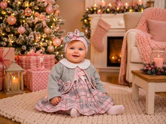 Baby Girls Pink And Grey Tartan Dress With Matching Jacket & Hat