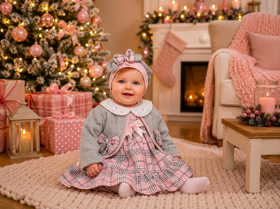 Baby Girls Pink And Grey Tartan Dress With Matching Jacket & Hat