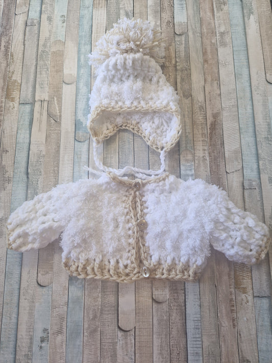 Baby Boys White And Beige Fluffy Crochet Cardigan And Pom Pom Hat