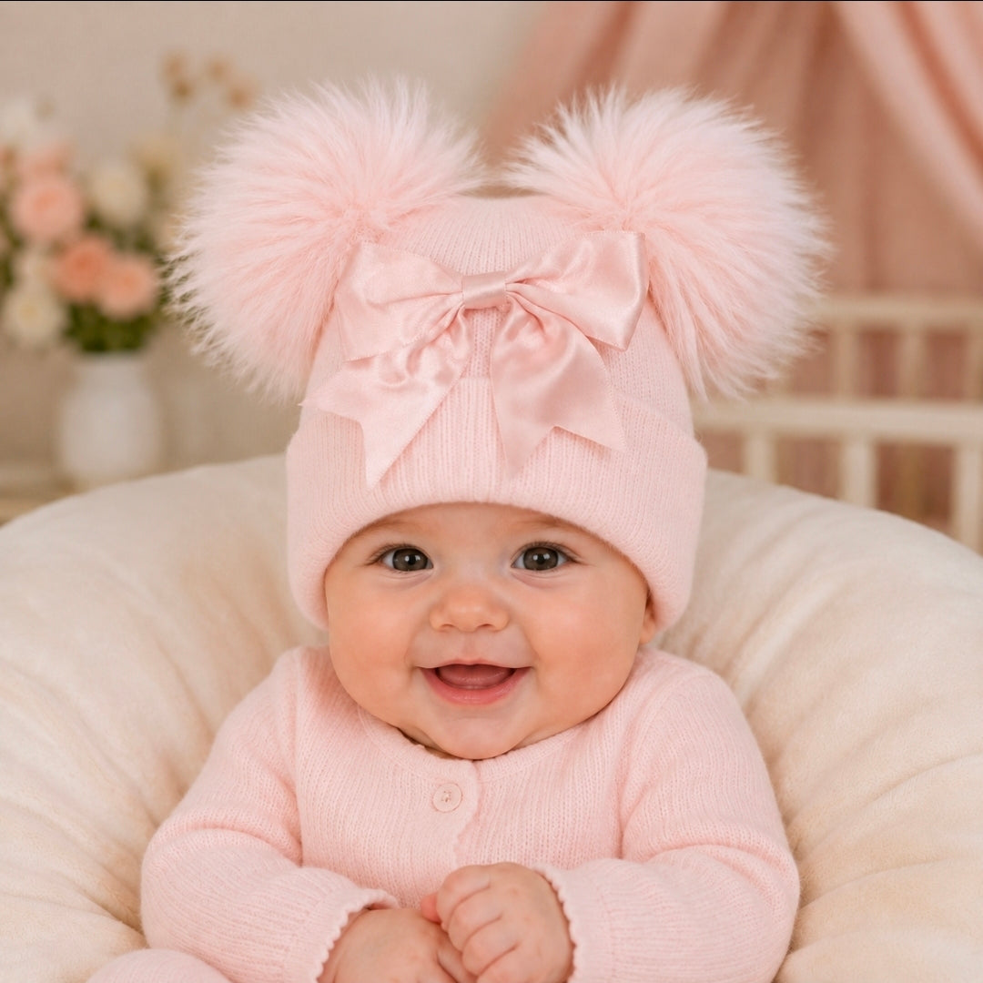 Baby Girls Pink Satin Bow And Fluffy Double Pom Hat
