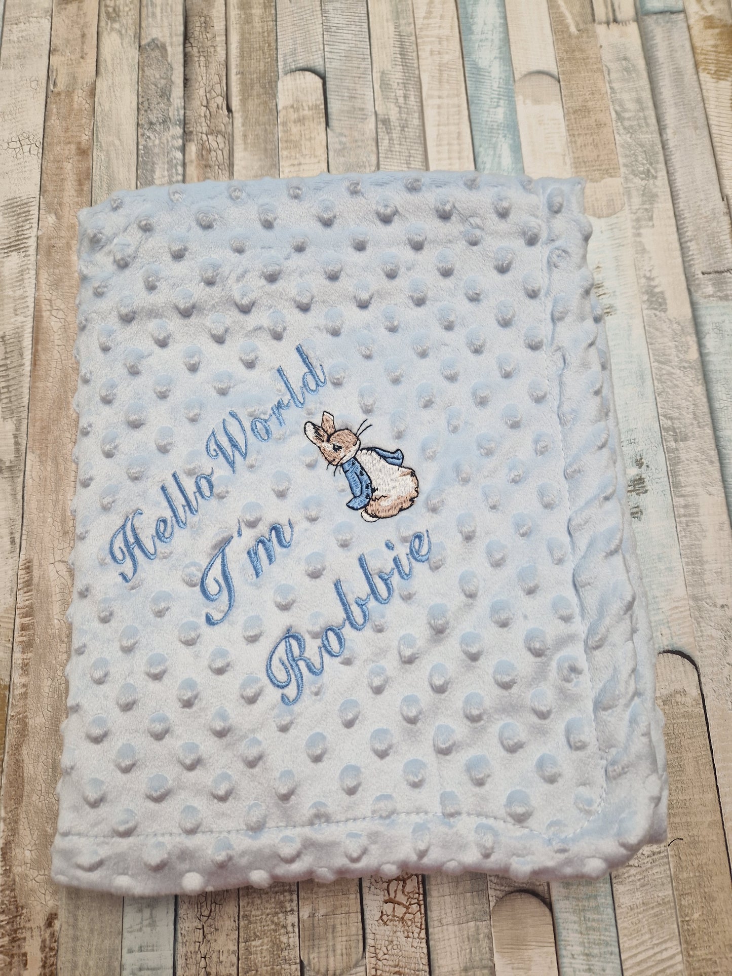 Personalised Hello World Blue Dimple Blanket/Wrap With Embroidered Blue Rabbit
