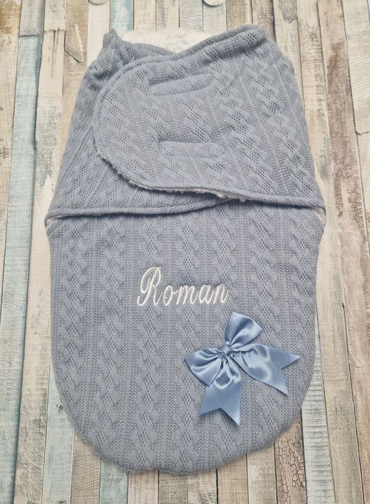 Personalised Baby Boys Dusky Blue  New Cable Style Swaddle With Satin Bow