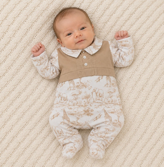 Baby Boys Beige And White Safari Printed Babygro