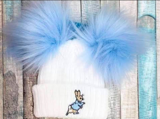 Baby White Double Blue Fluffy Faux Fur Pom Hat With Blue Rabbit
