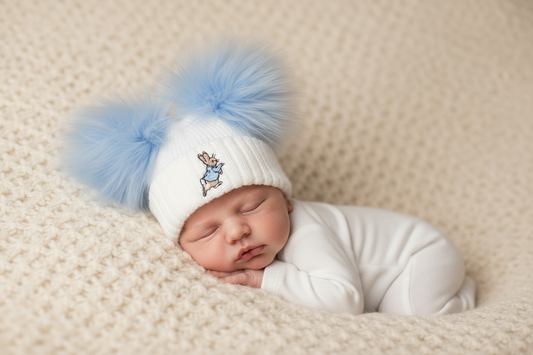Baby White Double Blue Fluffy Faux Fur Pom Hat With Blue Rabbit