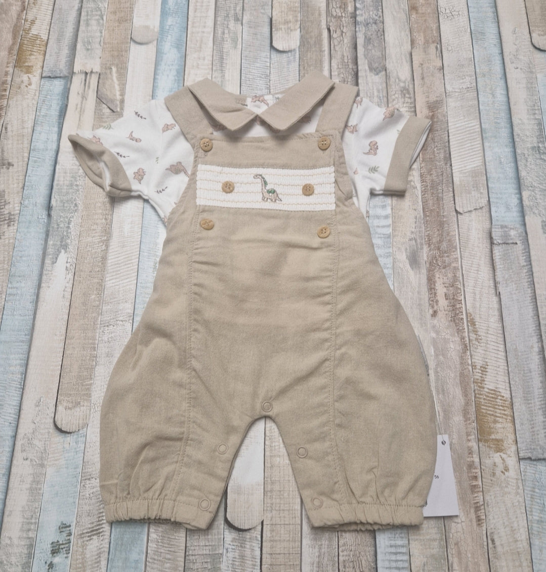 Baby Boys Beige Smocked Dinosaur 2 Piece Dungaree Set