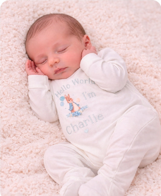 Baby Boys Newborn White Personalised Babygro With Printed Hello World Blue Rabbit