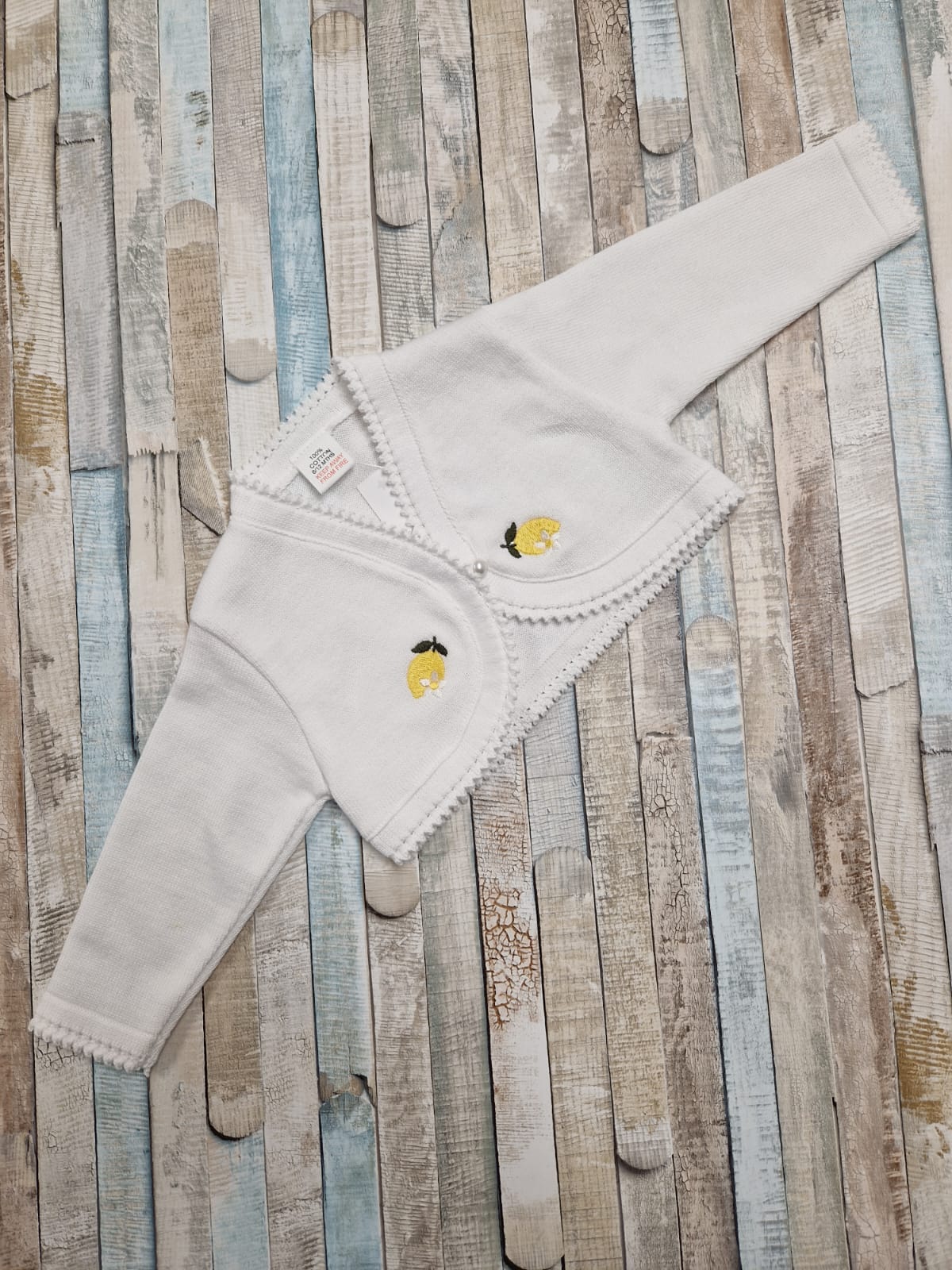 Baby Girls White Bolero Cardigan With Embroidered Lemon Design
