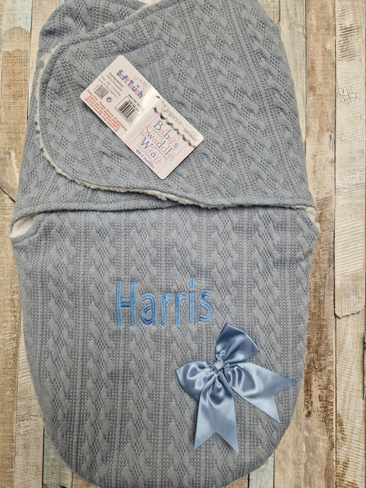 Personalised Baby Boys Dusky Blue  New Cable Style Swaddle With Satin Bow