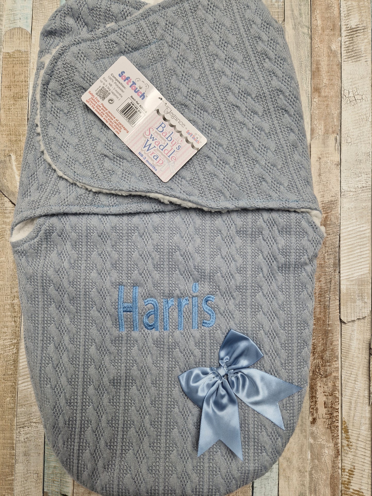 Personalised Baby Boys Dusky Blue  New Cable Style Swaddle With Satin Bow
