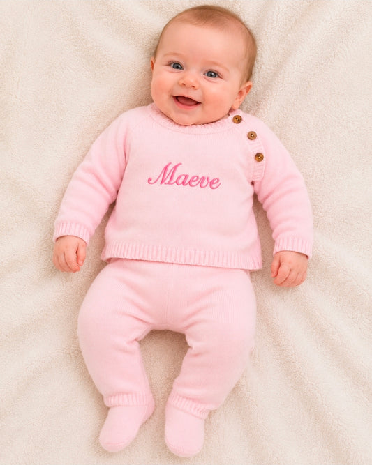 Baby Girls Pink Knitted Personalised 2 Piece Set