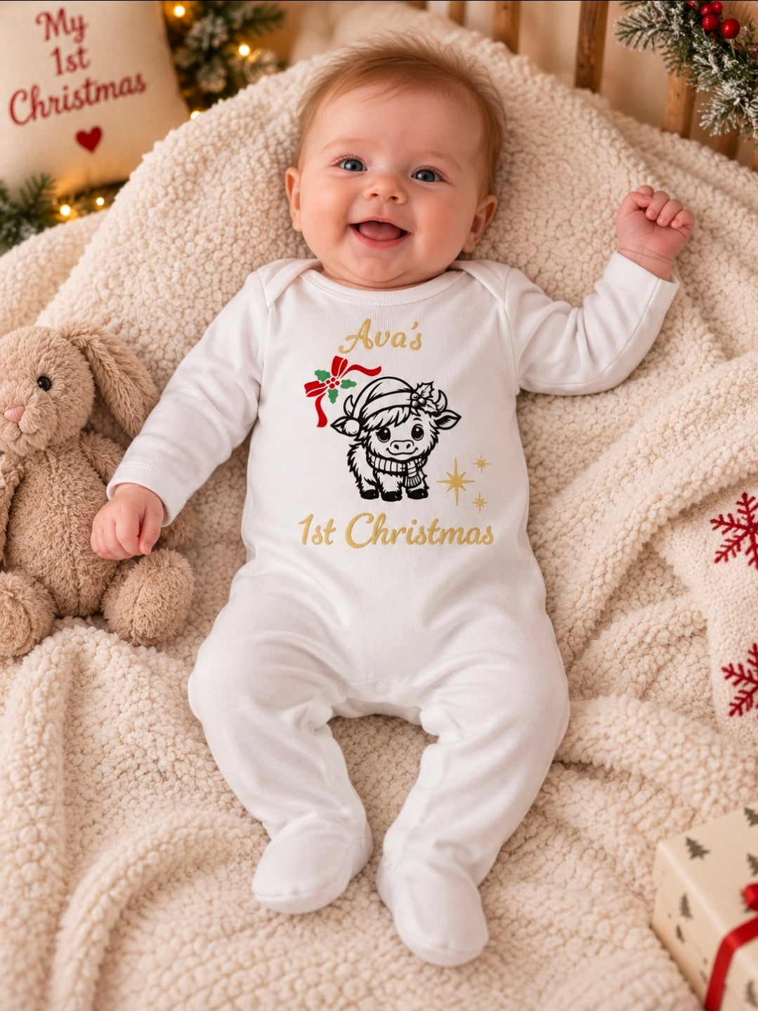 Baby Personalised 1st Christmas Babygro With Highland Cow Printed Design