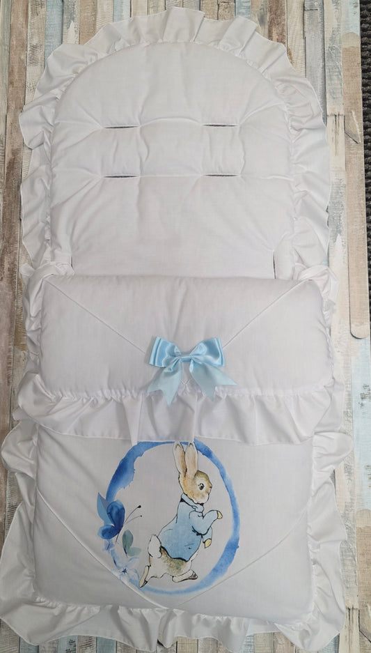 Baby Boys White Universal Pushchair  Footmuff/Cosytoes With Blue Printed Rabbit