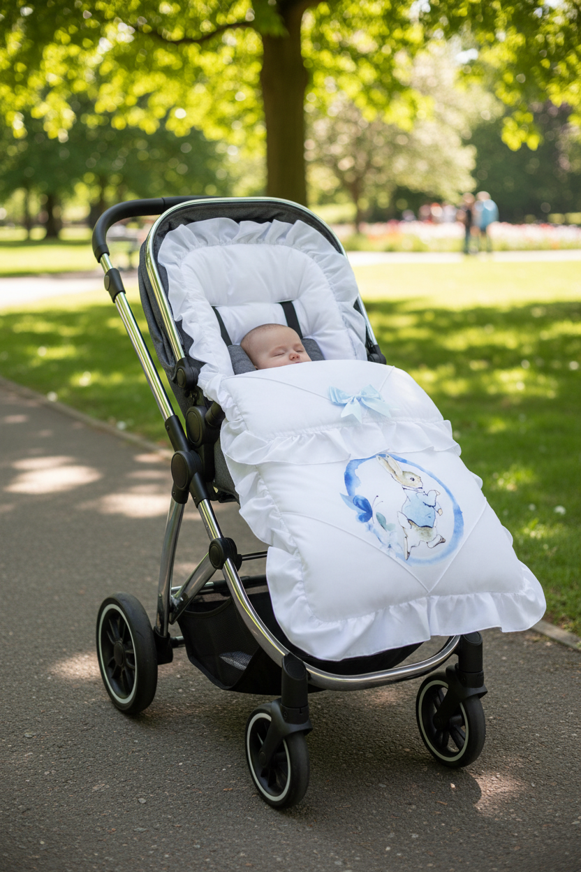 Baby Boys White Universal Pushchair  Footmuff/Cosytoes With Blue Printed Rabbit