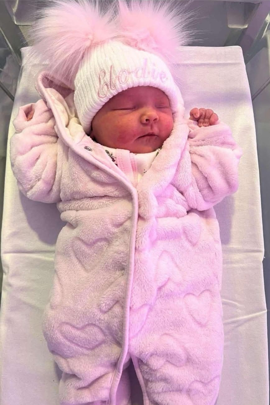Personalised Baby White Knitted Double Pink Fluffy Faux Fur Pom Hat