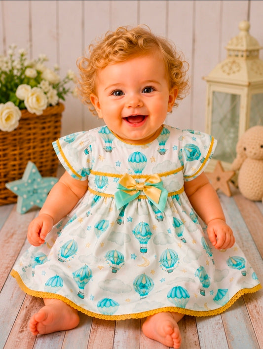 Baby Girls Green And Lemon Balloon Dress And Pants Set