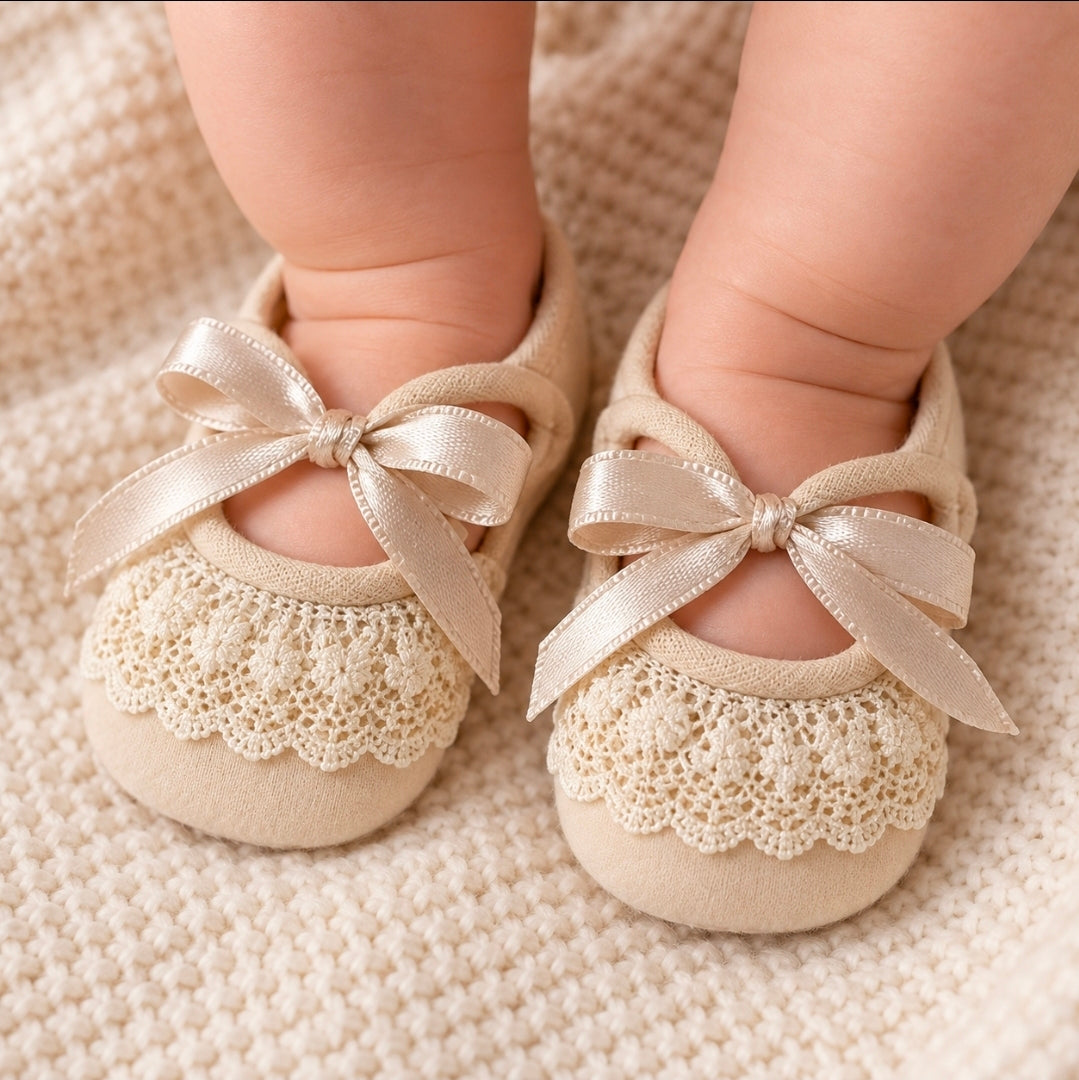 Newborn Baby Girls Velour Lace And Ribbon Bow Pram Shoes