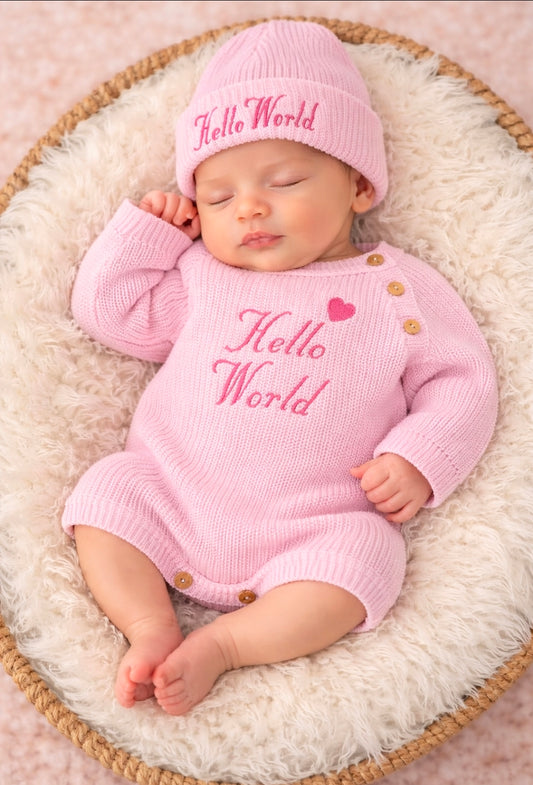 Nana B Baby Girls Pink Hello World Long Sleeved Romper With Beanie Hat