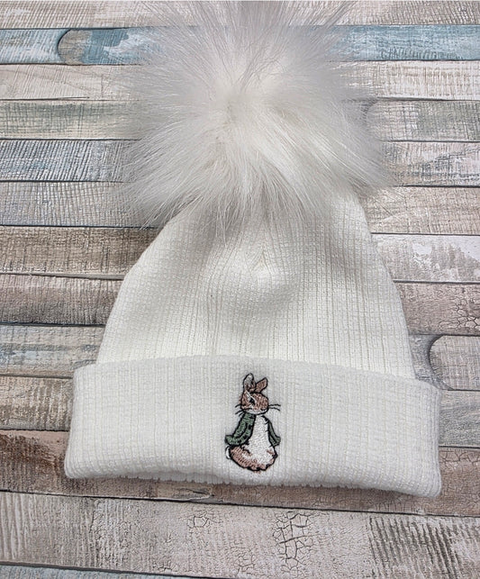 Unisex Baby White Knitted Single Faux Fur Pom Pom Hat With Sage Green Rabbit