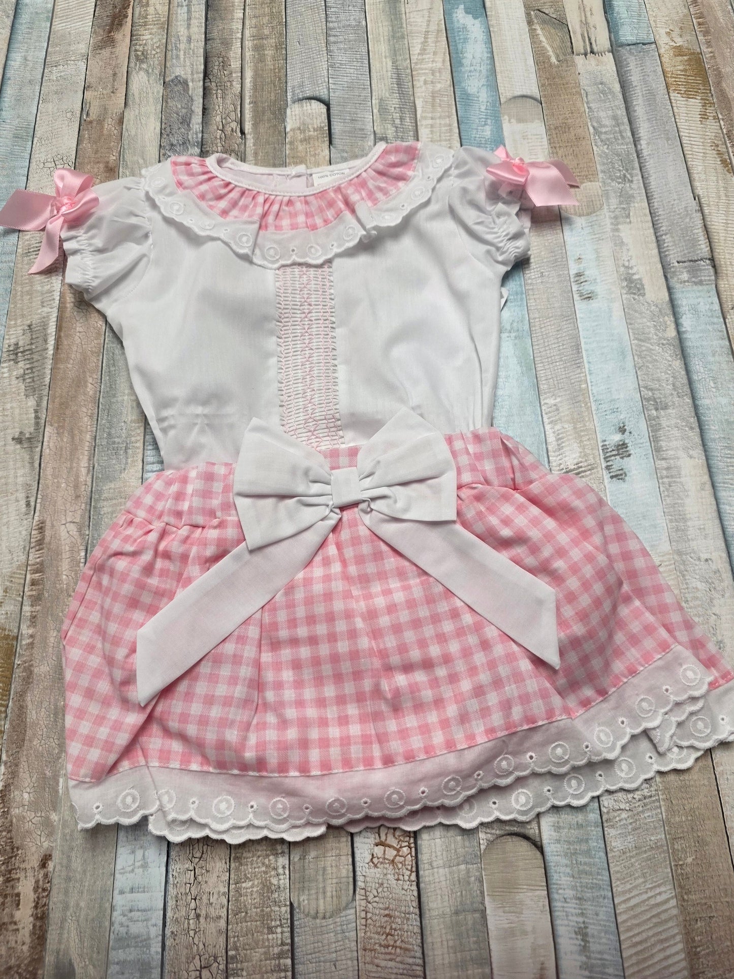 Baby Girls Pink And White Checked 2 Piece Short Set