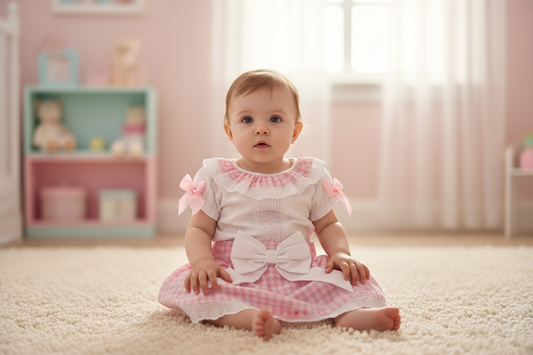Baby Girls Pink And White Checked 2 Piece Short Set