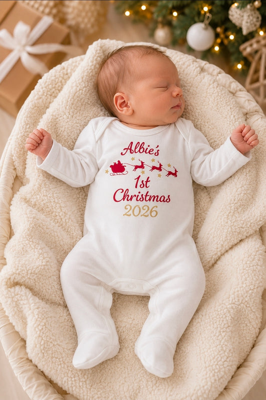 Baby's 1st Christmas Printed Personalised Santa Sleigh Babygro