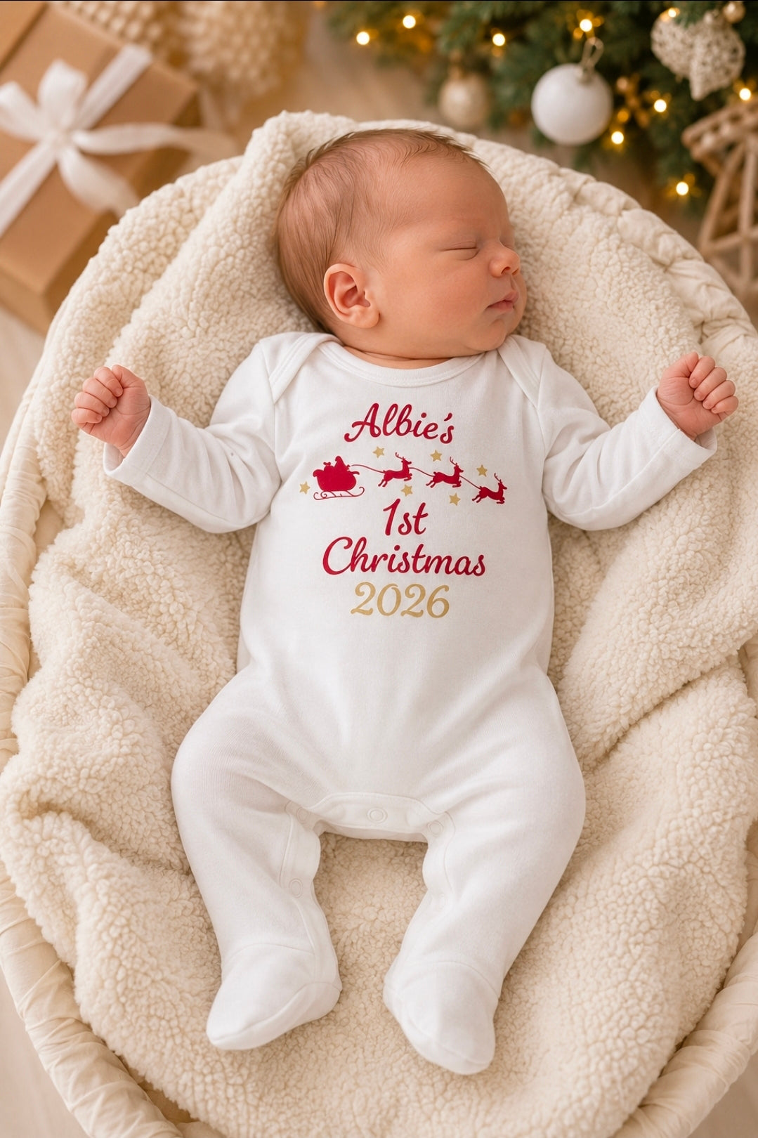Baby's 1st Christmas Printed Personalised Santa Sleigh Babygro