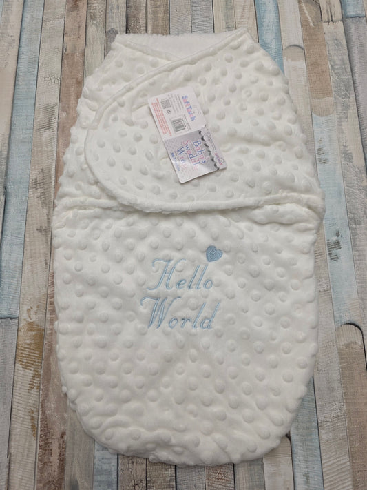 Hello World White Dimple Swaddle With Blue Embroidery