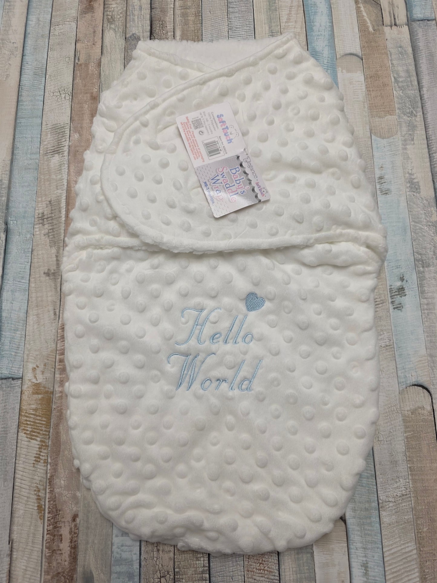 Hello World White Dimple Swaddle With Blue Embroidery