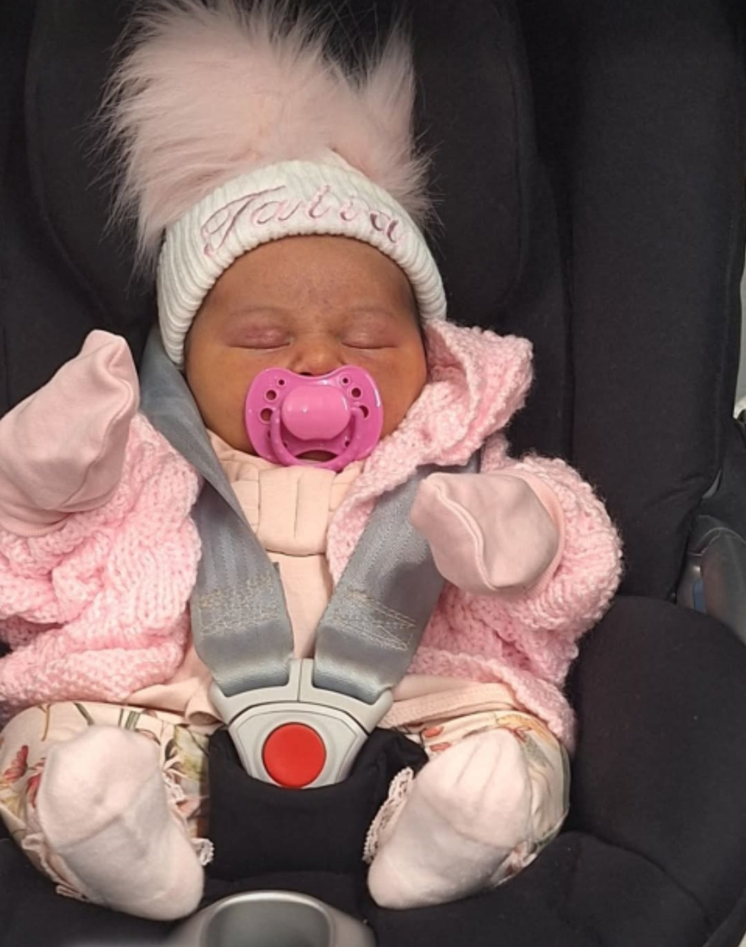 Personalised Baby White Knitted Double Pink Fluffy Faux Fur Pom Hat