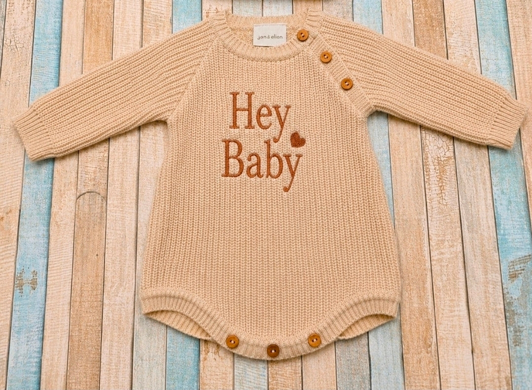 Nana B Hey Baby Beige Unisex Knitted Romper
