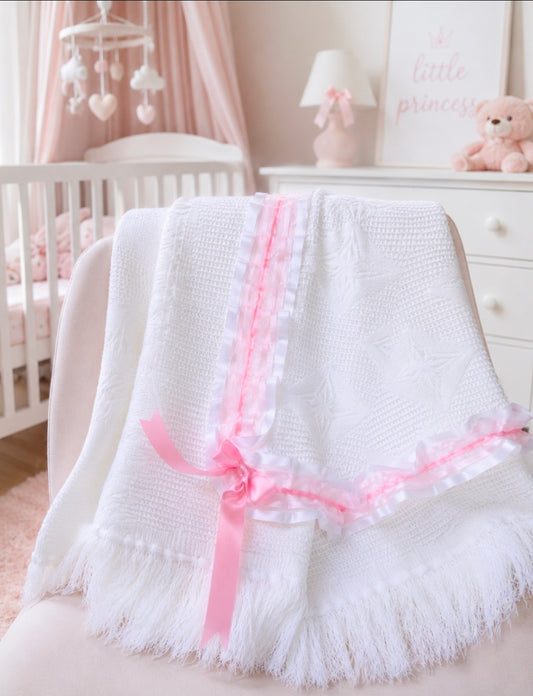 Baby Girl White & Pink Ruffle Lace Shawl